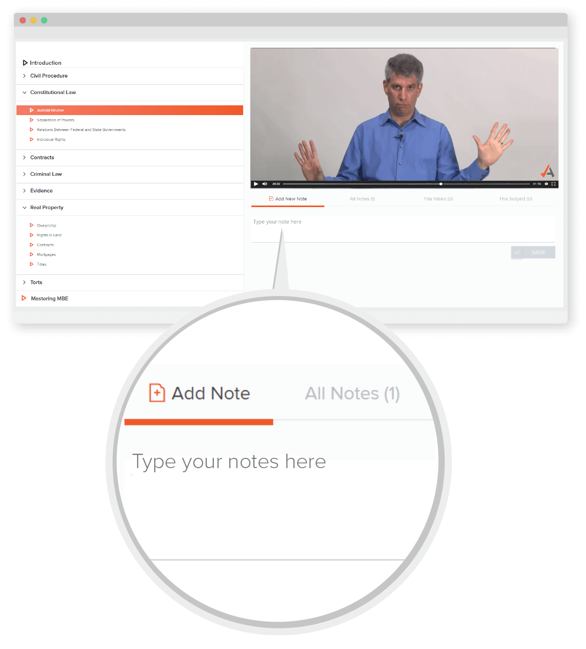 Showing an example of a video lecture with a pop out for notes