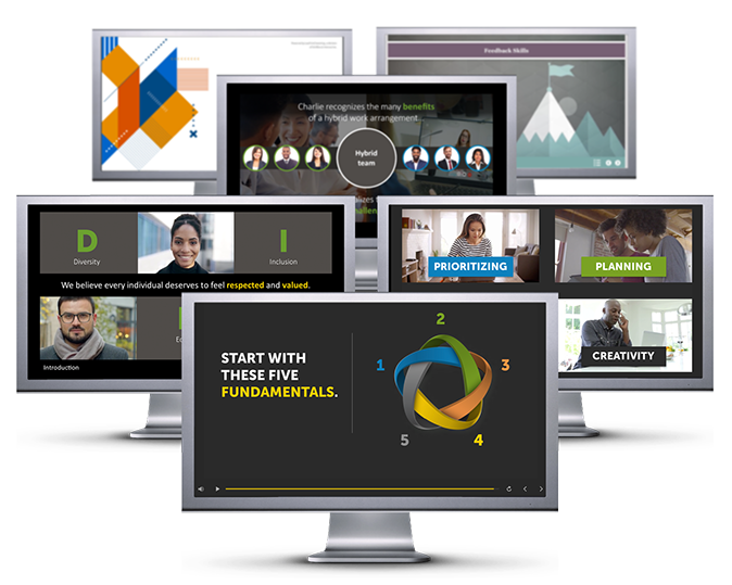 Various computer monitors showing a different course on the screens