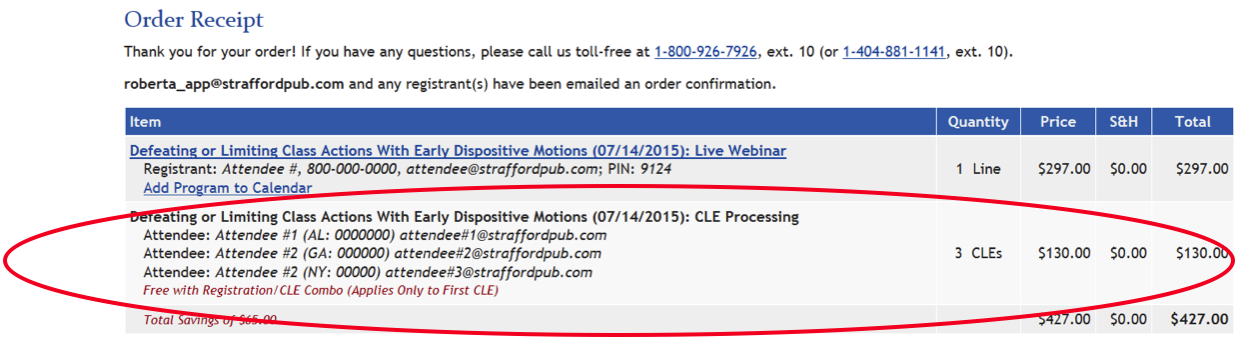 Example of Order Receipt with Multiple CLEs